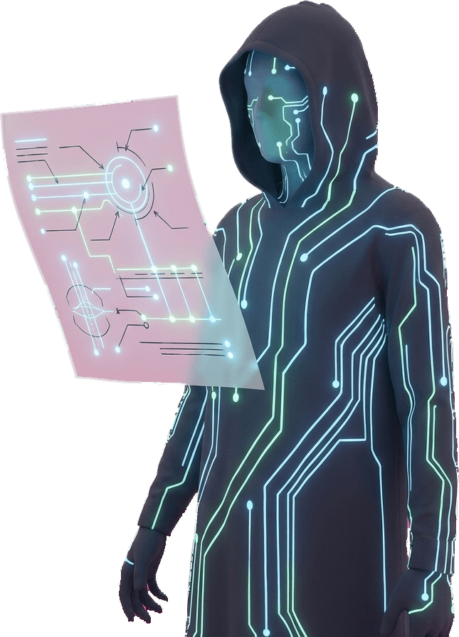 A hooded figure with glowing circuit lines drawing a transaction bundle on translucent paper