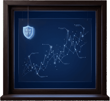 A dark window with constellation-like price lines and a small glowing shield hanging on the latch